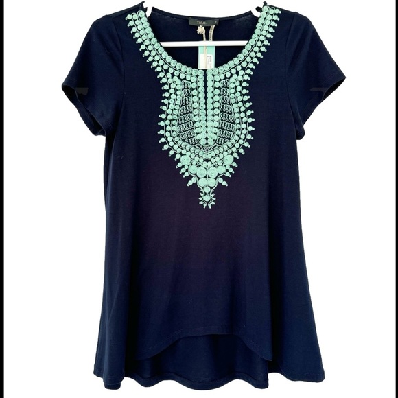 THML Tops - NWT THML Kahlo top size S navy blue green embroidered shortsleeve STITCHFIX